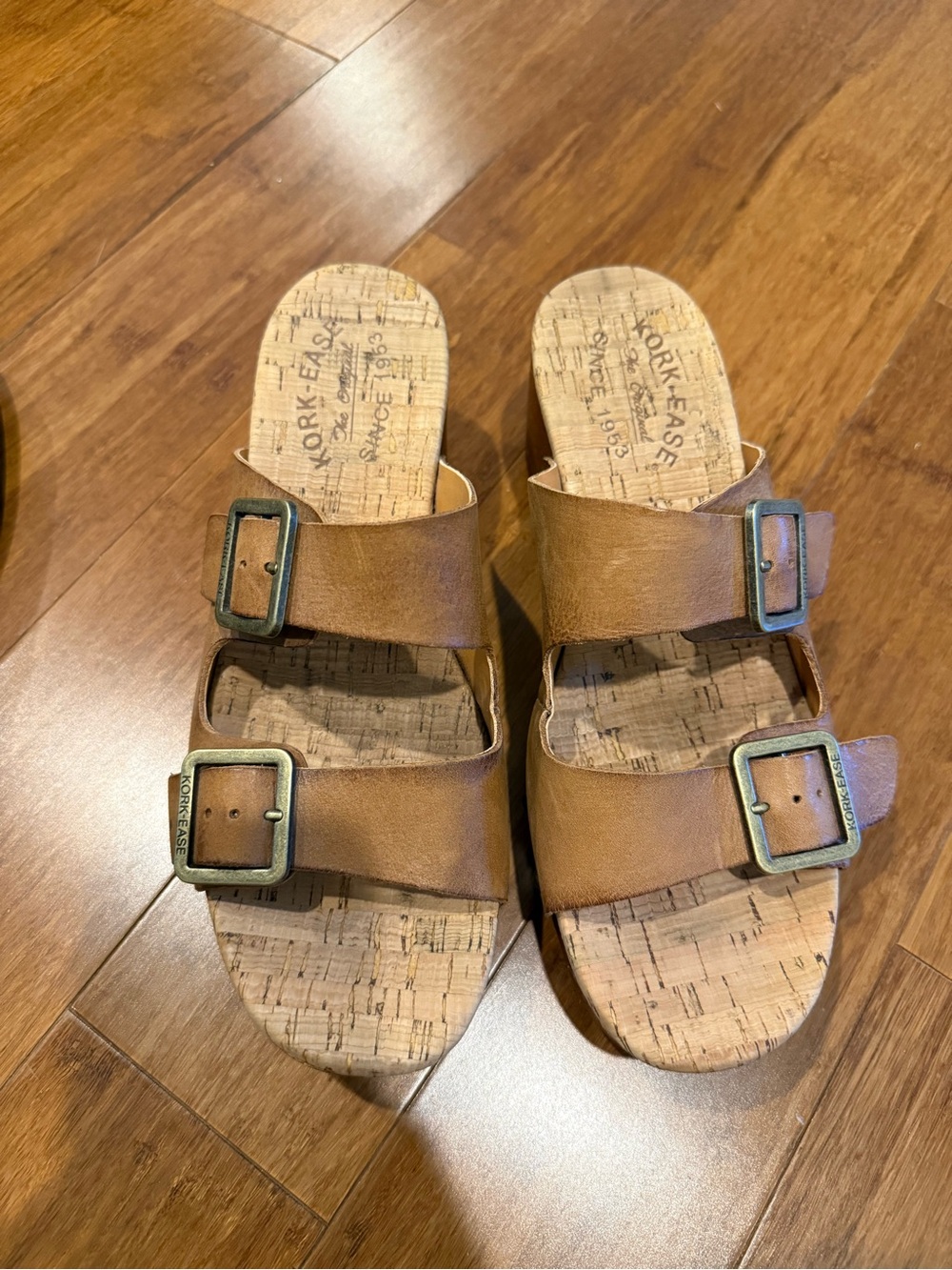 Kork-Ease Women's Cognac Brown Double Buckle Wedge Slides
